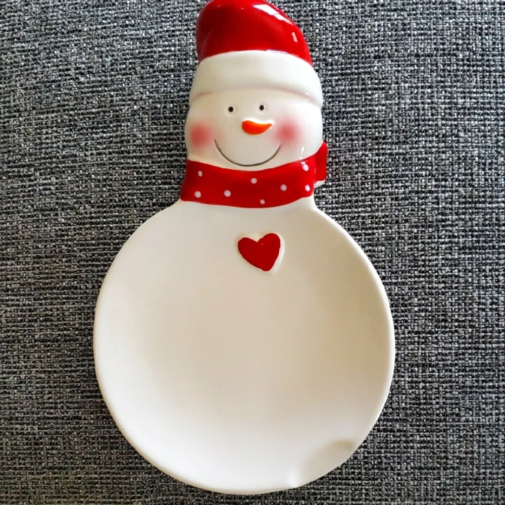 NWOT Festive Ceramic Snowman Spoon Rest with Red Accents